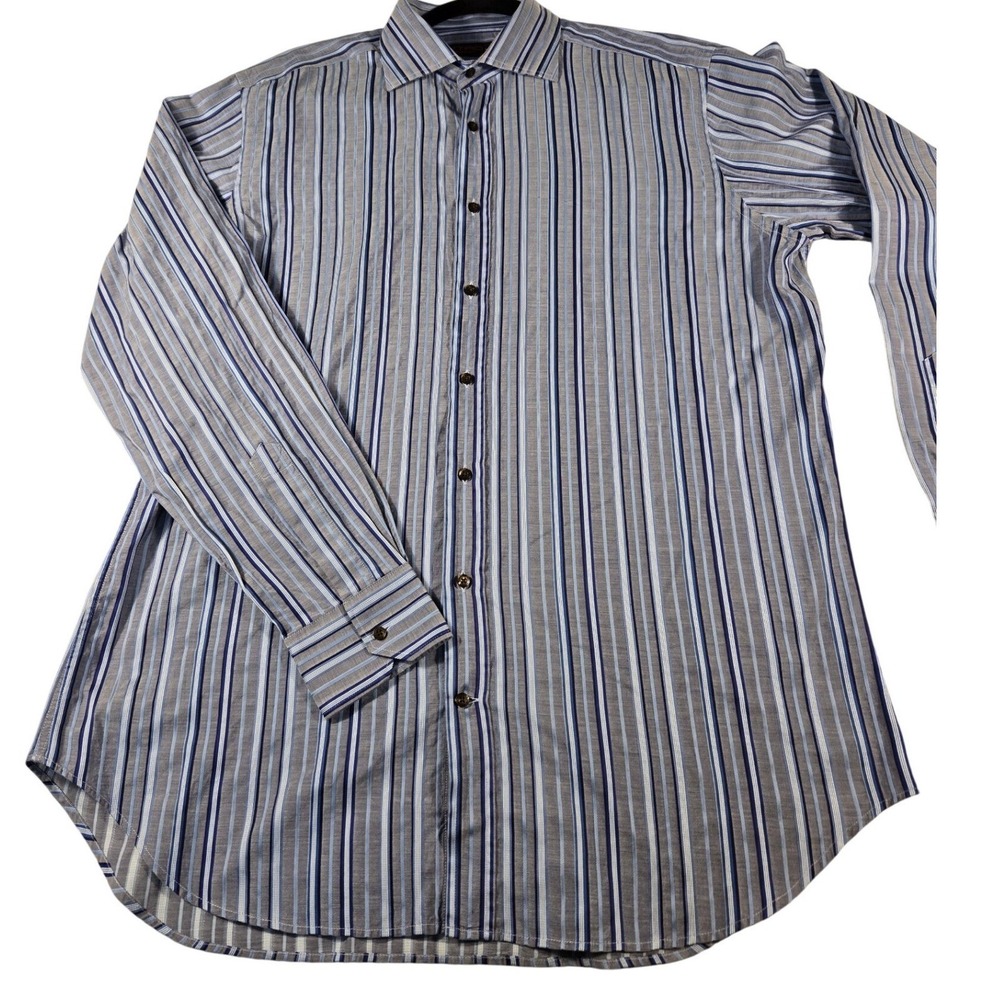 Etro Milano Mens Blue Grey Striped Cotton Button Down Shirt Made in Italy Sz. 44